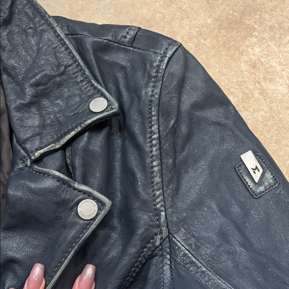 Mauritius Blue Navy Leather Moto Jacket - Picture 3 of 9